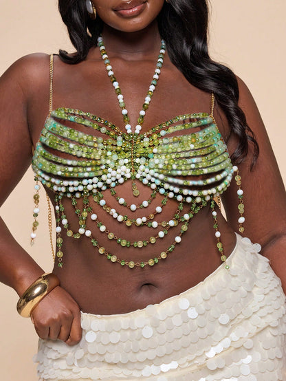 BAE Plus Size Sexy Olive Green Beaded Crystal Embellished Sheer Cropped Halter Top, Suitable For Beach, Bali Holiday, Party, Sexy Top Halloween Summer