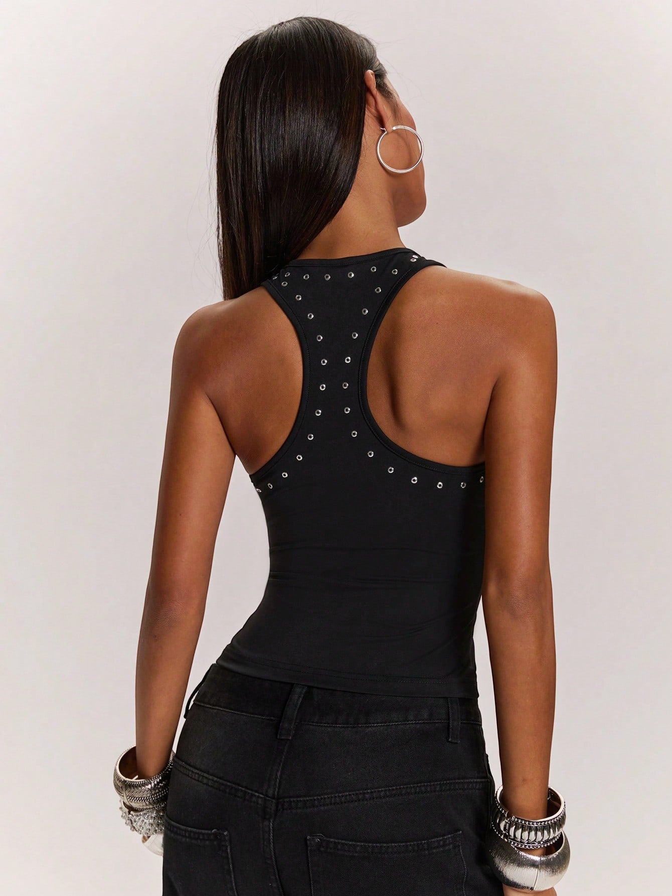 BAE Women's Black Metal Studded Eyelet Racerback Tank Top,Black And Silver Sequin Tops,Summer Boyish Club Racer Top,Casual Vest Crop For Music Festivals