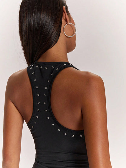 BAE Women's Black Metal Studded Eyelet Racerback Tank Top,Black And Silver Sequin Tops,Summer Boyish Club Racer Top,Casual Vest Crop For Music Festivals