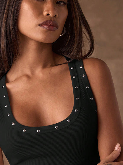 BAE Women's Fashion Street Style Rhinestone Decor Round Neck Fitted Tank Top, Summer