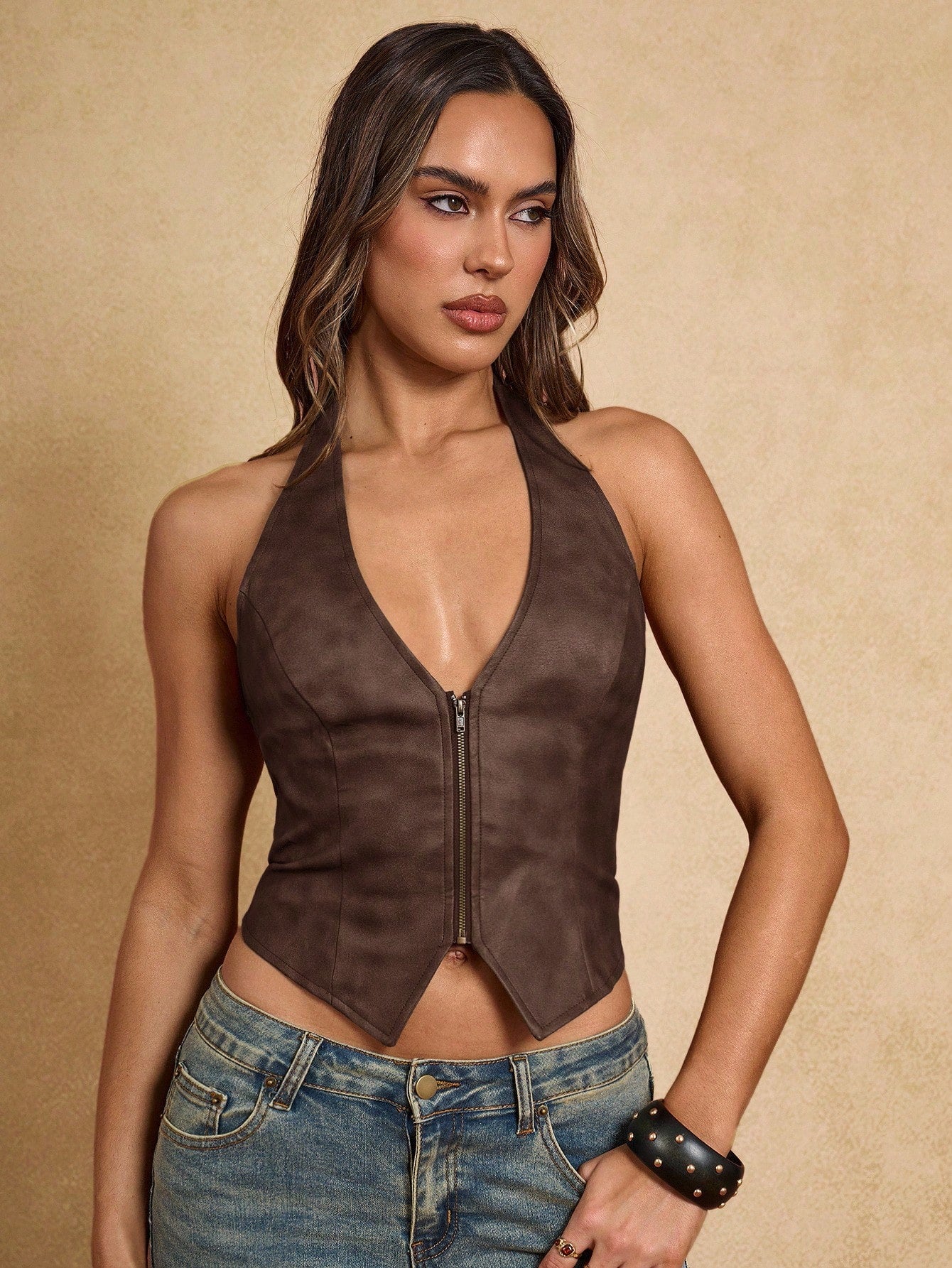 BAE Women's Sexy Fashion Street Vacation Western Style PU Leather Backless Lace-Up Zipper Front Halter Top, Summer,Brown Top