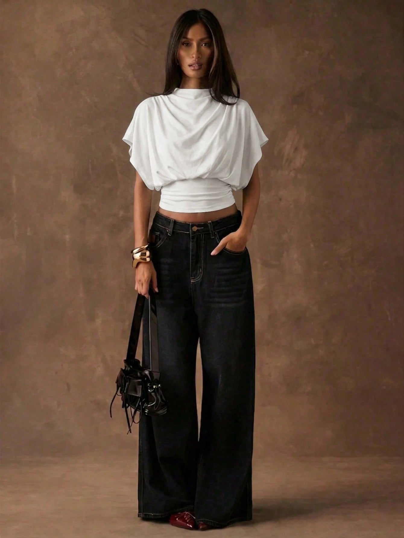 BAE Women's Solid Color Stand Collar Batwing Short Sleeve Pleated Casual T-Shirt,Summer Top
