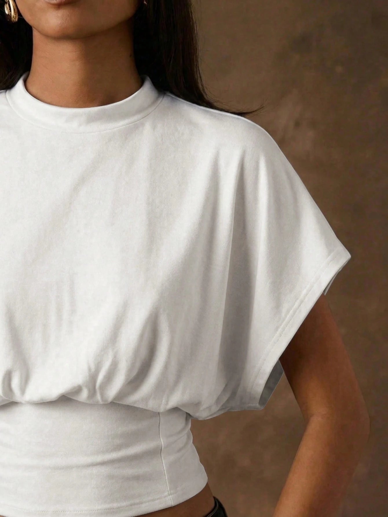 BAE Women's Solid Color Stand Collar Batwing Short Sleeve Pleated Casual T-Shirt,Summer Top