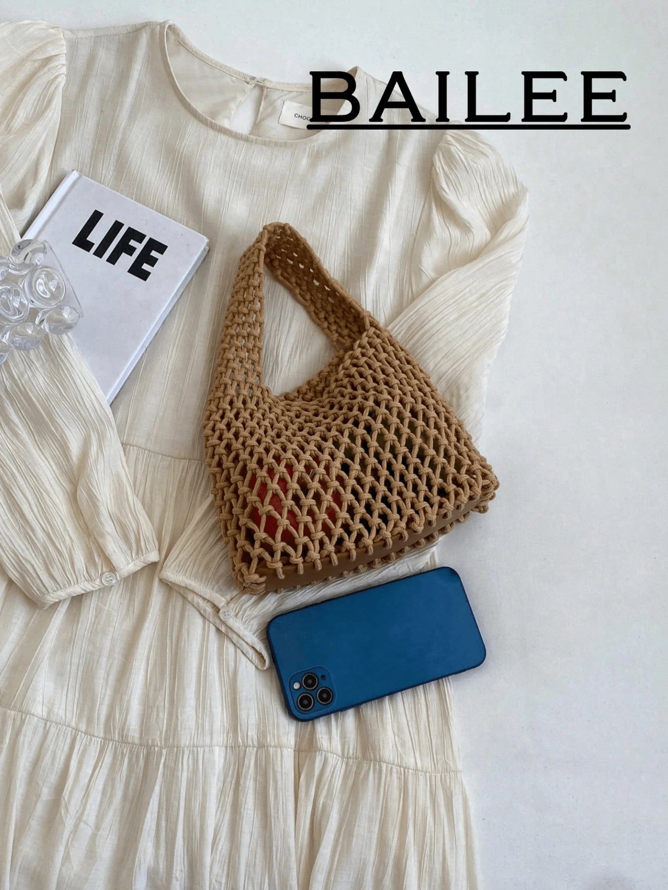 BAILEE Fashionable Colorful Polyester Yarn Hand-Woven Pattern Handbag With Ocean Pendant, Suitable For Vacation