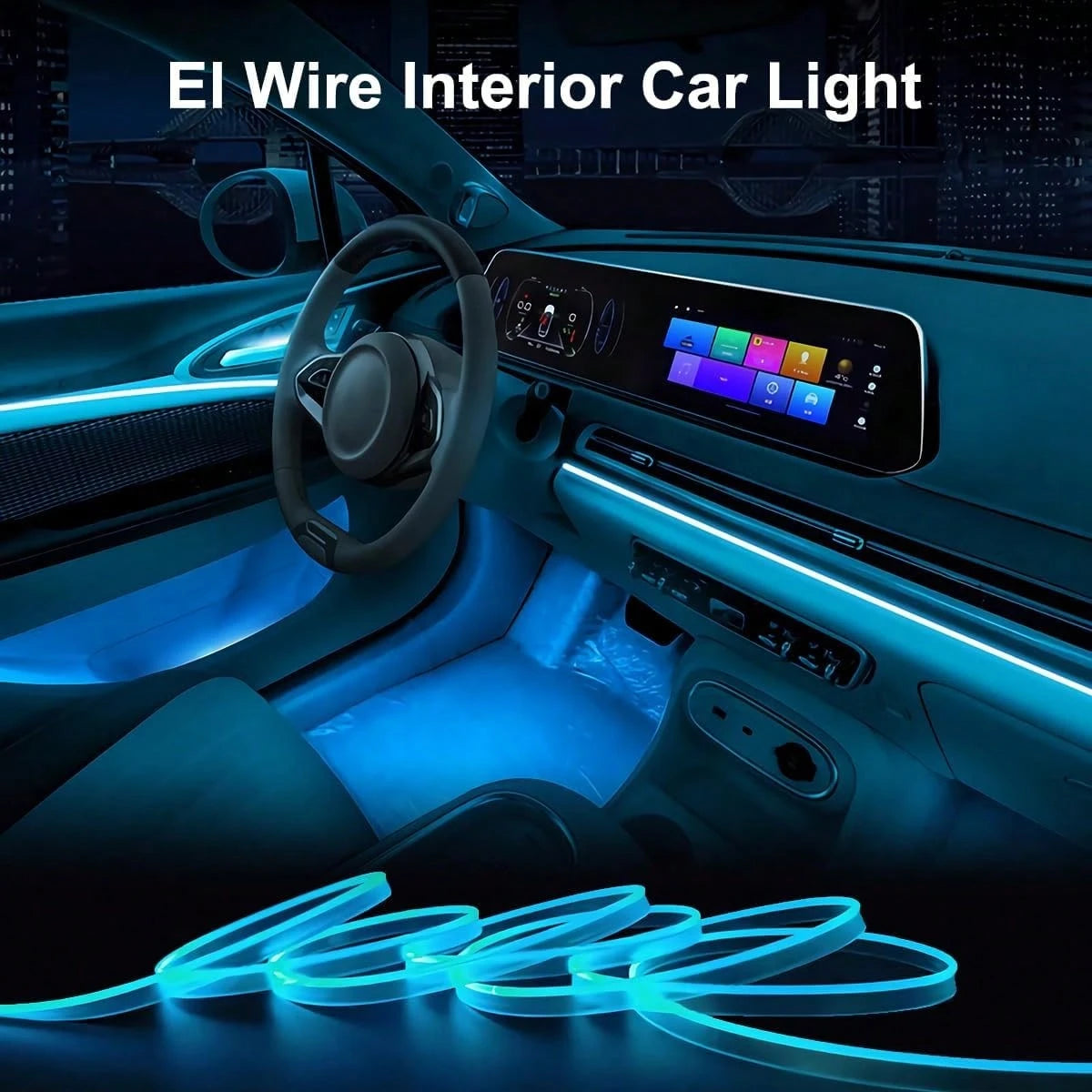 Balabaxer Car Interior EL Wire Ambient Light, 9FT/16FT/32FT USB 5V Flexible Neon Strip With Fuse Protection, Multi-Color Mood Lighting For Dashboard, Footwell, Cup Holder, Truck, SUV, PC Gaming Setup