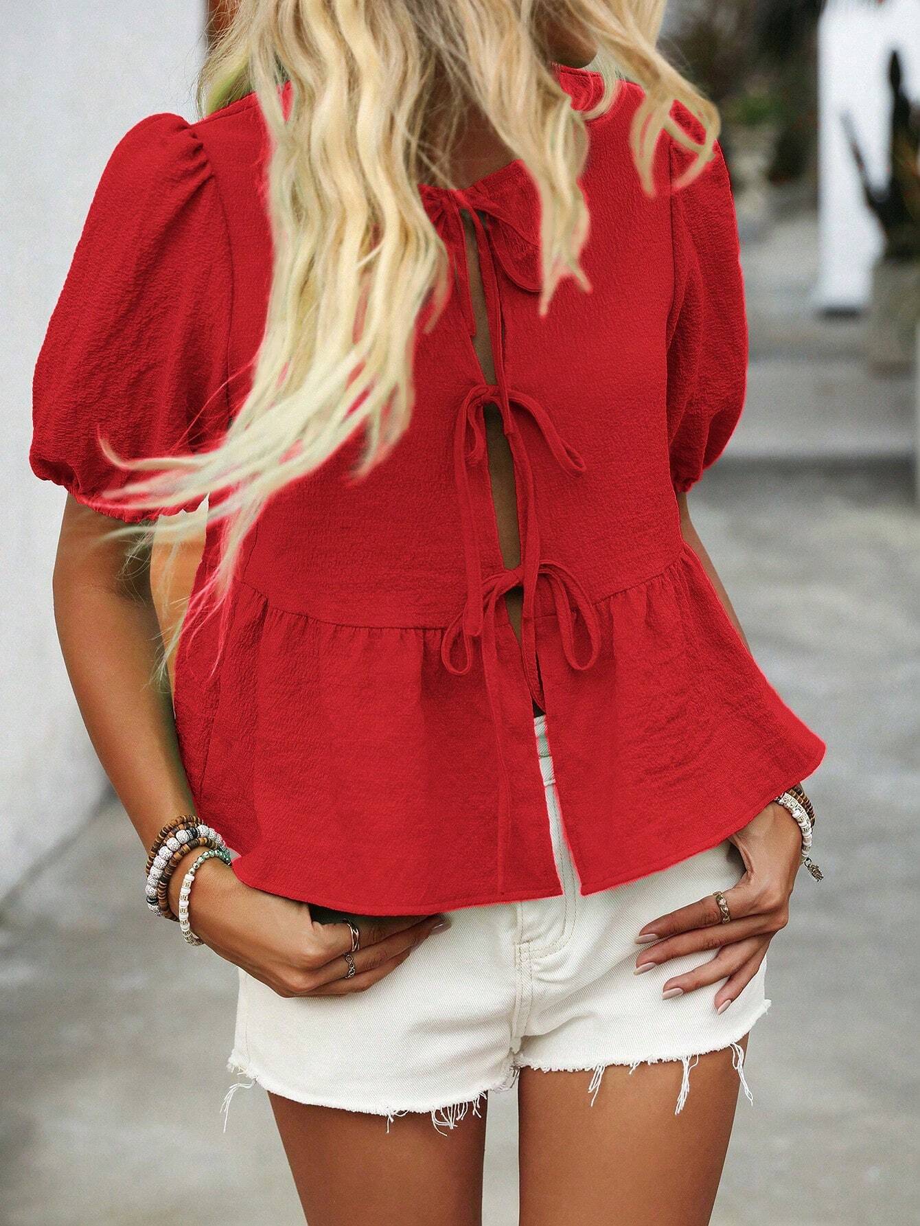 Balvessa Women's Round Neck Solid Color Puff Sleeve Tie-Up Holiday Shirt For New Year Clothes