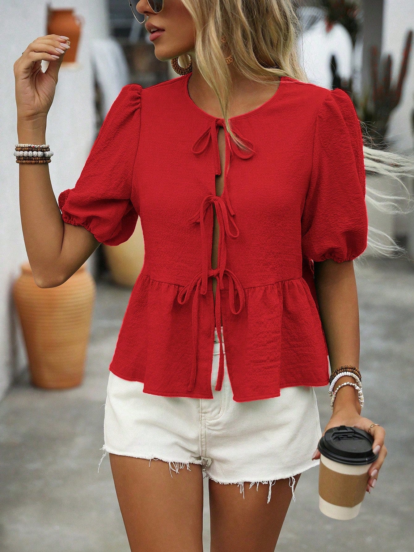Balvessa Women's Round Neck Solid Color Puff Sleeve Tie-Up Holiday Shirt For New Year Clothes