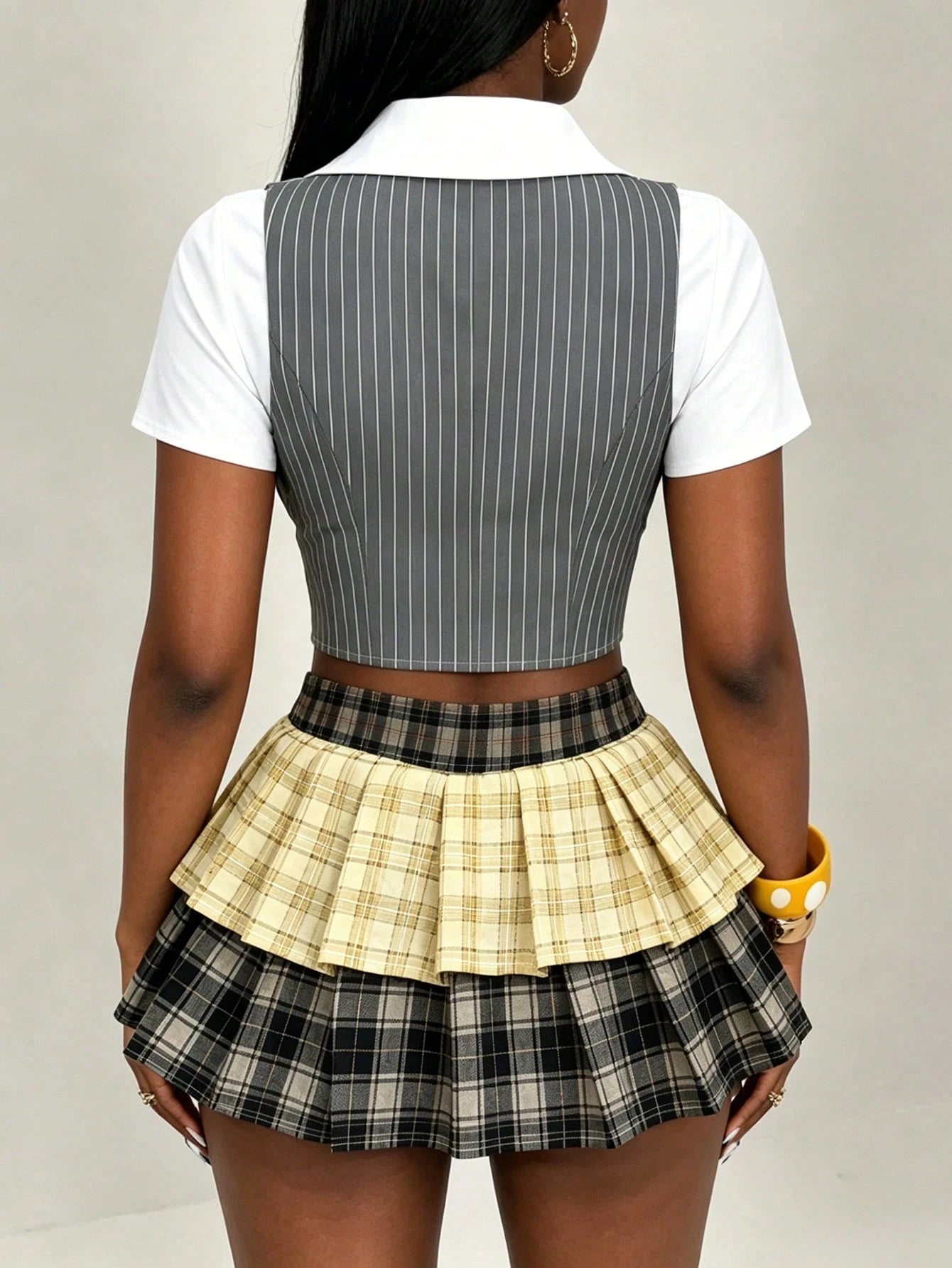 BamGleam Collegiate Style 2 In 1 Shirt, Colorblock Plaid Patchwork Waist Fitted Short Sleeve Top