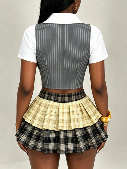 BamGleam Collegiate Style 2 In 1 Shirt, Colorblock Plaid Patchwork Waist Fitted Short Sleeve Top