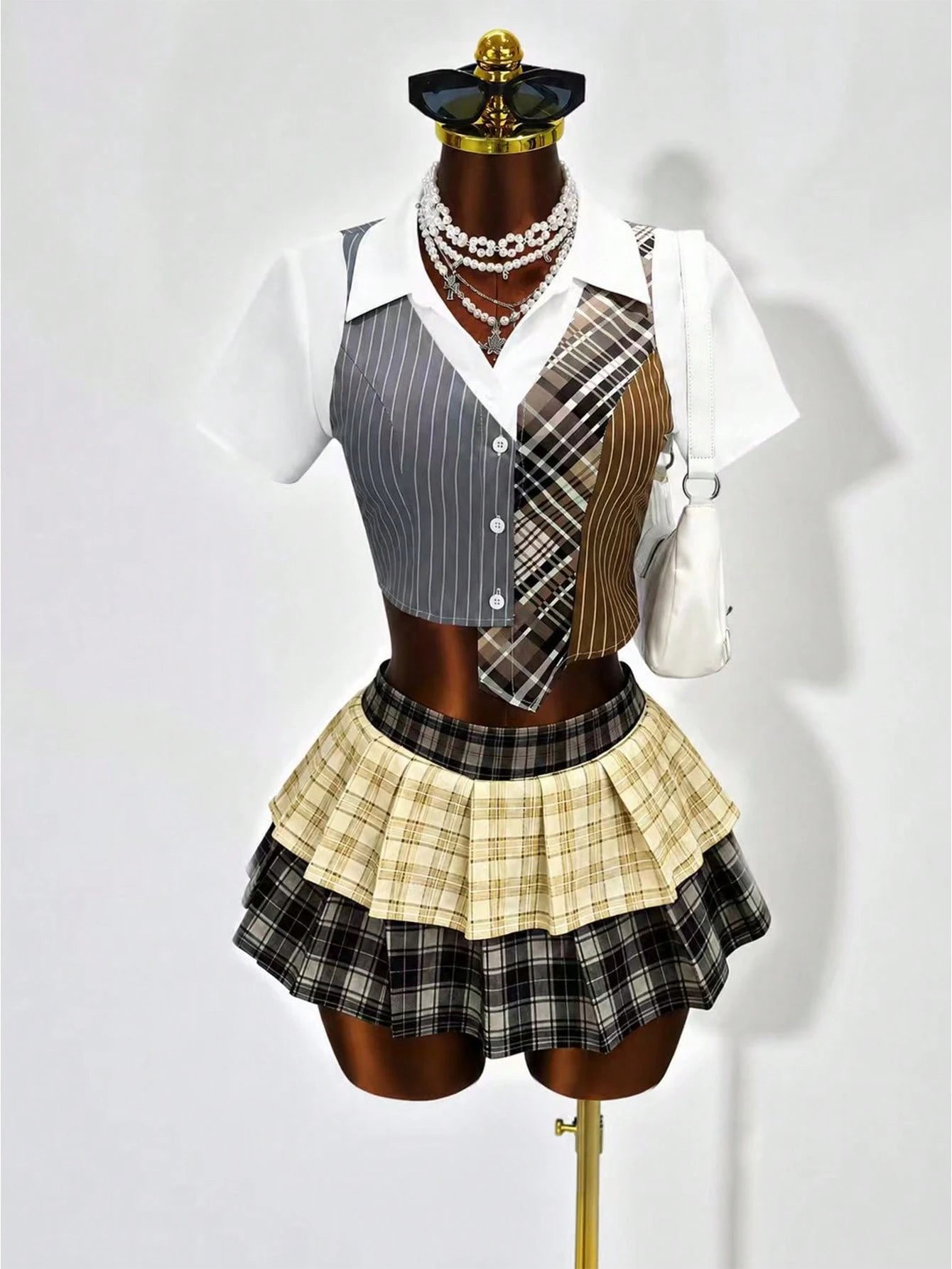 BamGleam Collegiate Style 2 In 1 Shirt, Colorblock Plaid Patchwork Waist Fitted Short Sleeve Top