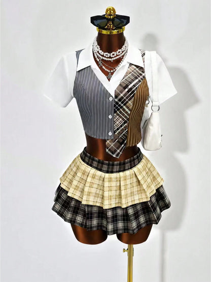 BamGleam Collegiate Style 2 In 1 Shirt, Colorblock Plaid Patchwork Waist Fitted Short Sleeve Top