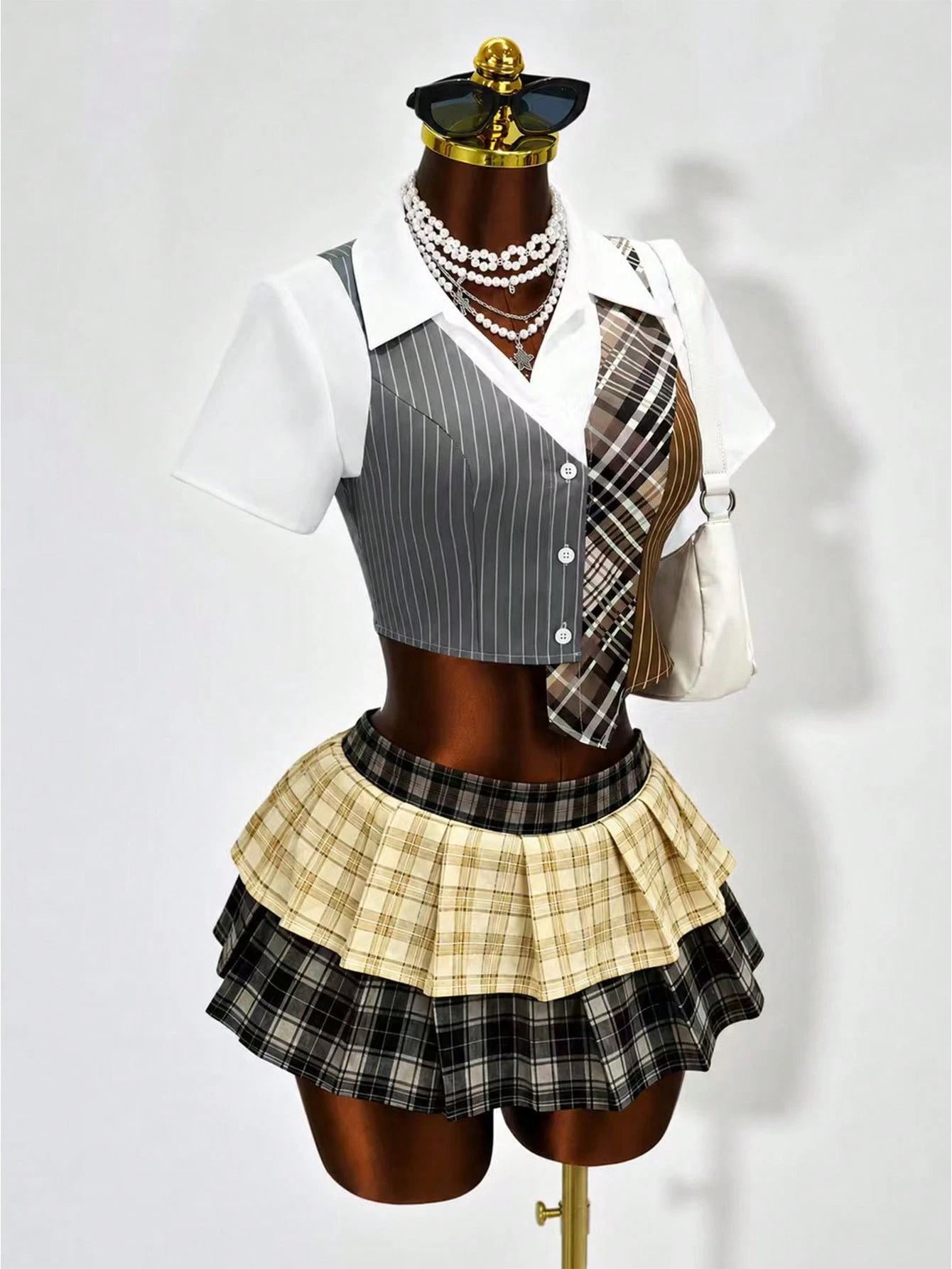 BamGleam Collegiate Style 2 In 1 Shirt, Colorblock Plaid Patchwork Waist Fitted Short Sleeve Top
