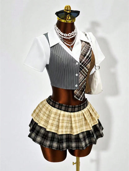 BamGleam Collegiate Style 2 In 1 Shirt, Colorblock Plaid Patchwork Waist Fitted Short Sleeve Top