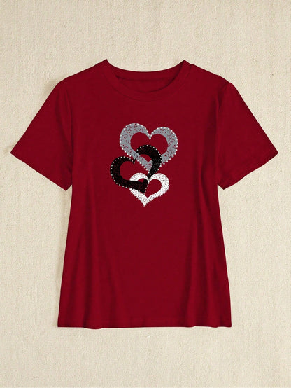 BamGleam Fitted Women's Casual Short Sleeve T-Shirt, Heart Print