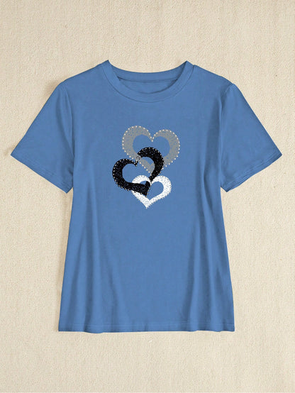 BamGleam Fitted Women's Casual Short Sleeve T-Shirt, Heart Print