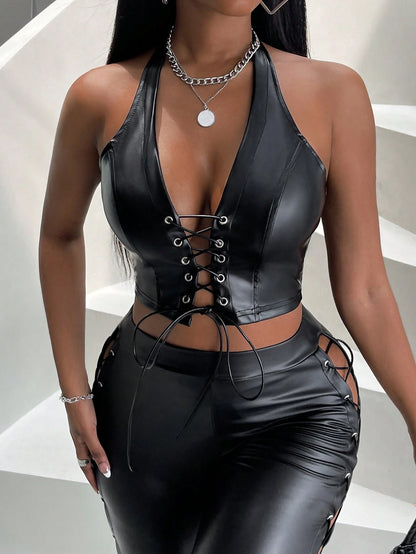 BamGleam Lace Up Front Crop Halter Top