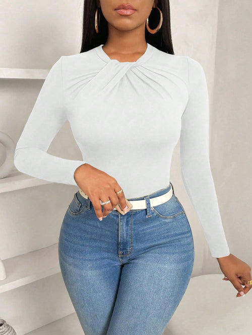 BamGleam Women's Casual Elegant Bowknot Collar Slim Fitted Ruffled Hem Solid Color Long Sleeve T-Shirt, Autumn Everyday White