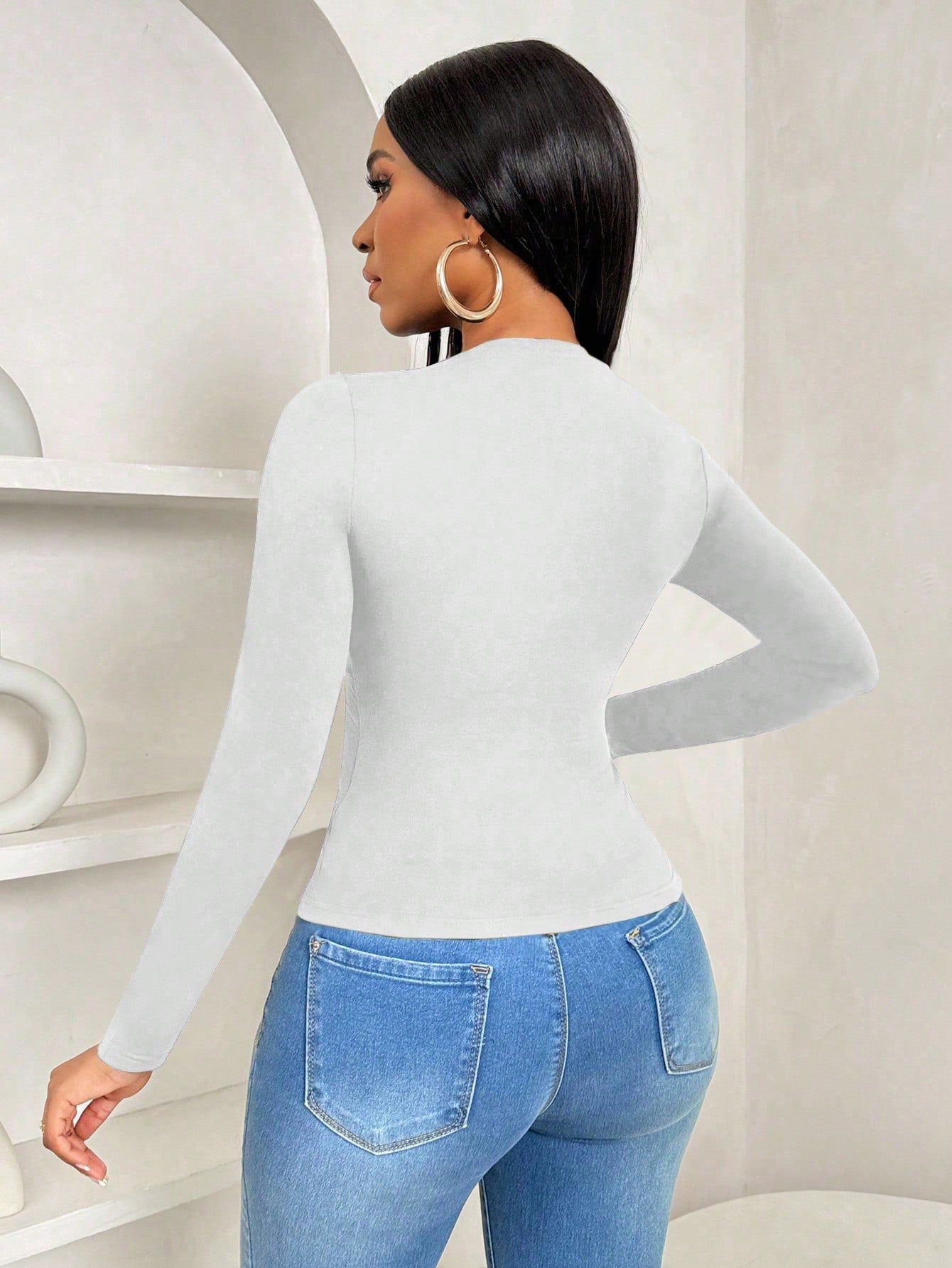 BamGleam Women's Casual Elegant Bowknot Collar Slim Fitted Ruffled Hem Solid Color Long Sleeve T-Shirt, Autumn Everyday White