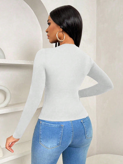 BamGleam Women's Casual Elegant Bowknot Collar Slim Fitted Ruffled Hem Solid Color Long Sleeve T-Shirt, Autumn Everyday White