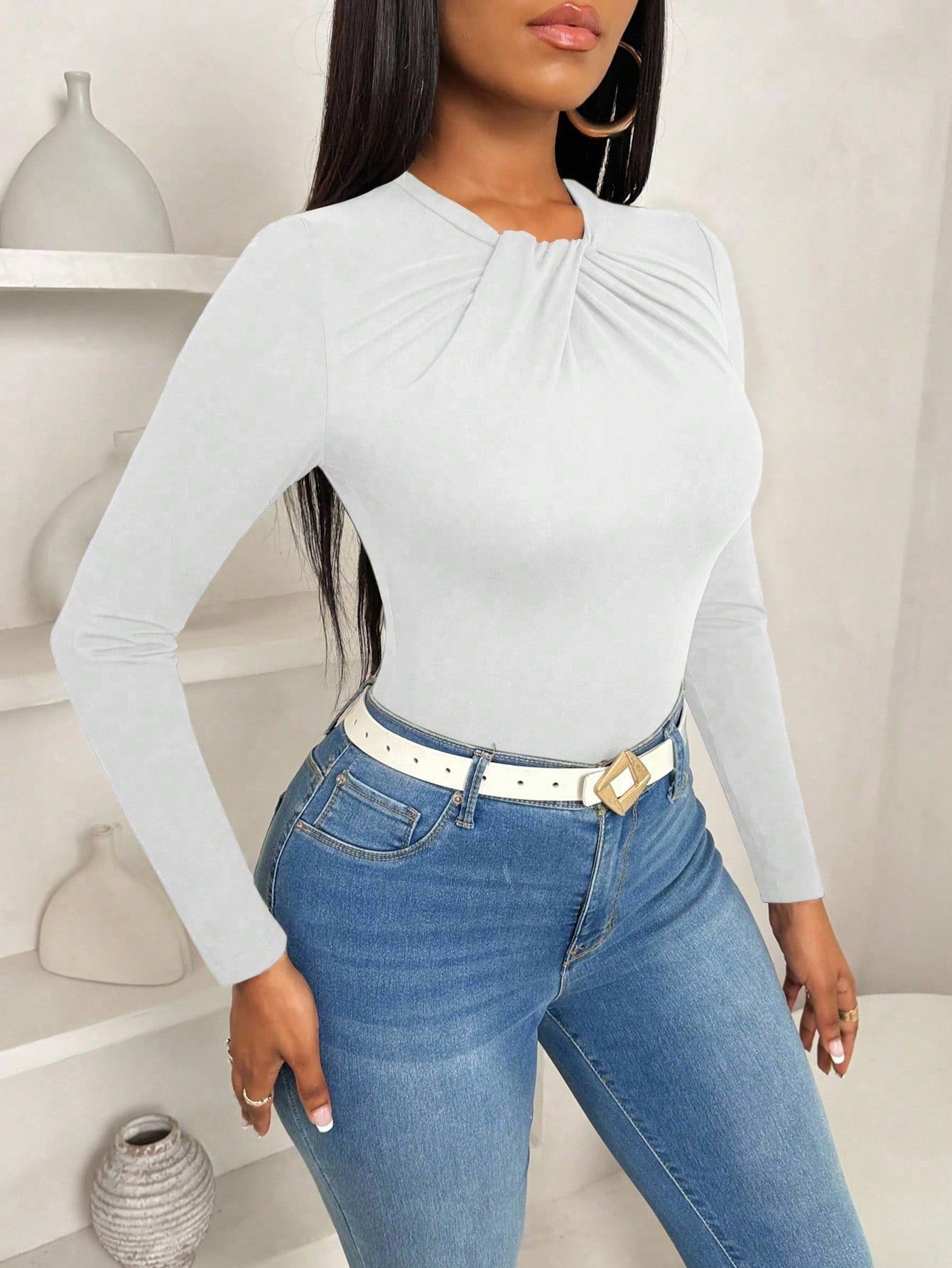 BamGleam Women's Casual Elegant Bowknot Collar Slim Fitted Ruffled Hem Solid Color Long Sleeve T-Shirt, Autumn Everyday White