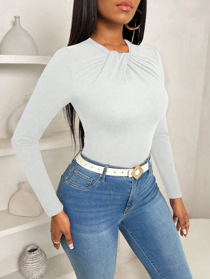BamGleam Women's Casual Elegant Bowknot Collar Slim Fitted Ruffled Hem Solid Color Long Sleeve T-Shirt, Autumn Everyday White