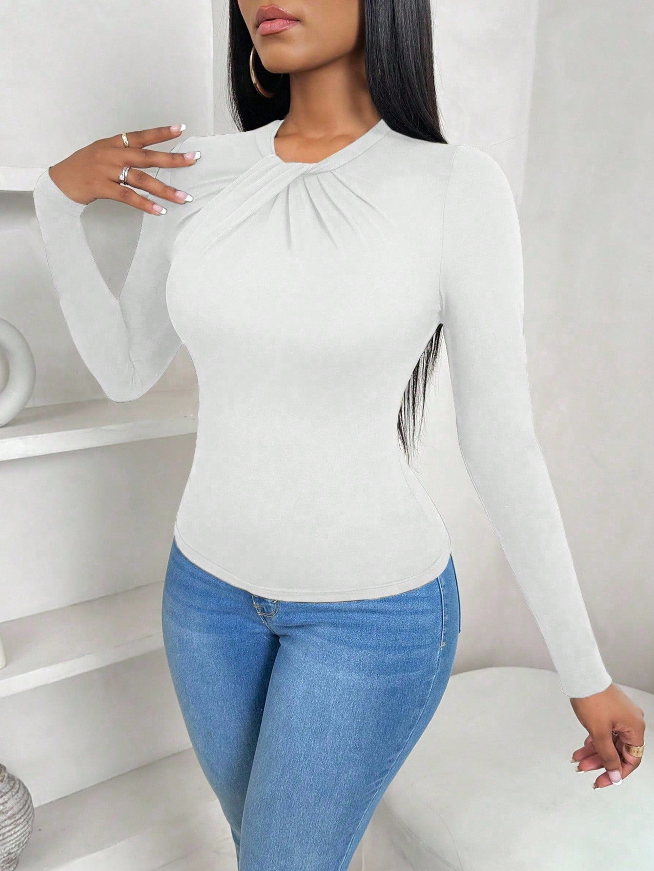 BamGleam Women's Casual Elegant Bowknot Collar Slim Fitted Ruffled Hem Solid Color Long Sleeve T-Shirt, Autumn Everyday White