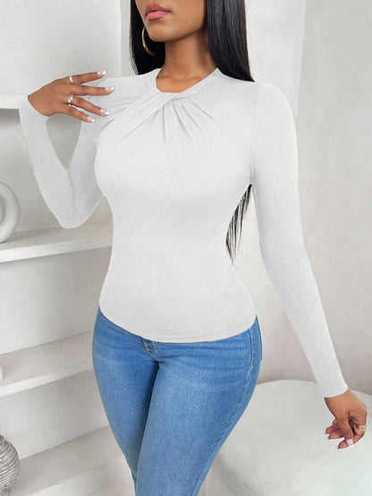 BamGleam Women's Casual Elegant Bowknot Collar Slim Fitted Ruffled Hem Solid Color Long Sleeve T-Shirt, Autumn Everyday White