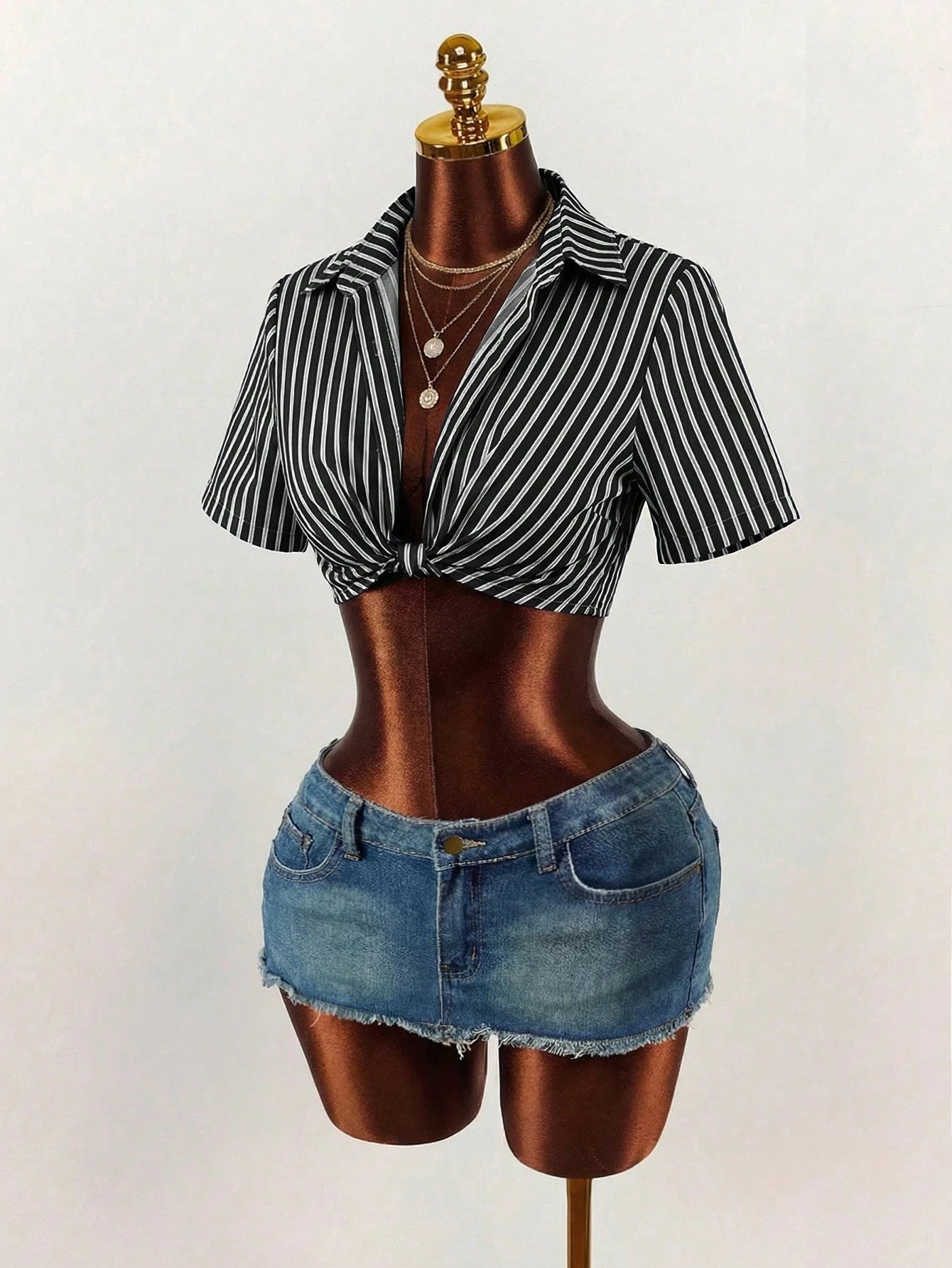 BamGleam Women's Sexy Beach Vacation Striped Print Twist Knot Short Sleeve Cropped Top, Summer Vacation Boho Sexy Plain Plaid Striped Casual
