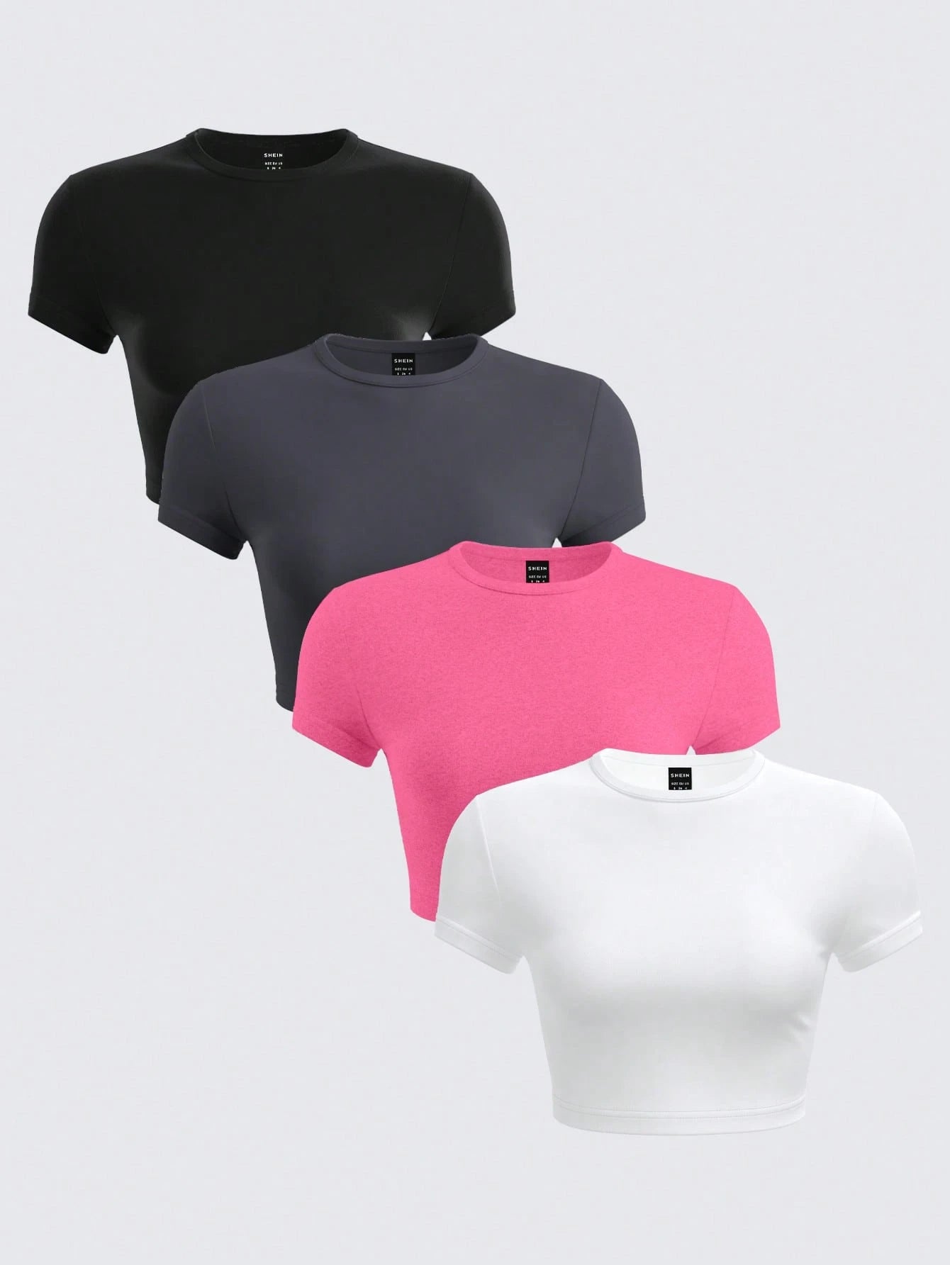 BASICS 4pcs/Set Women Casual Solid Color Knit Round Neck Short Sleeve Fitted Cropped T-Shirts Summer Tops