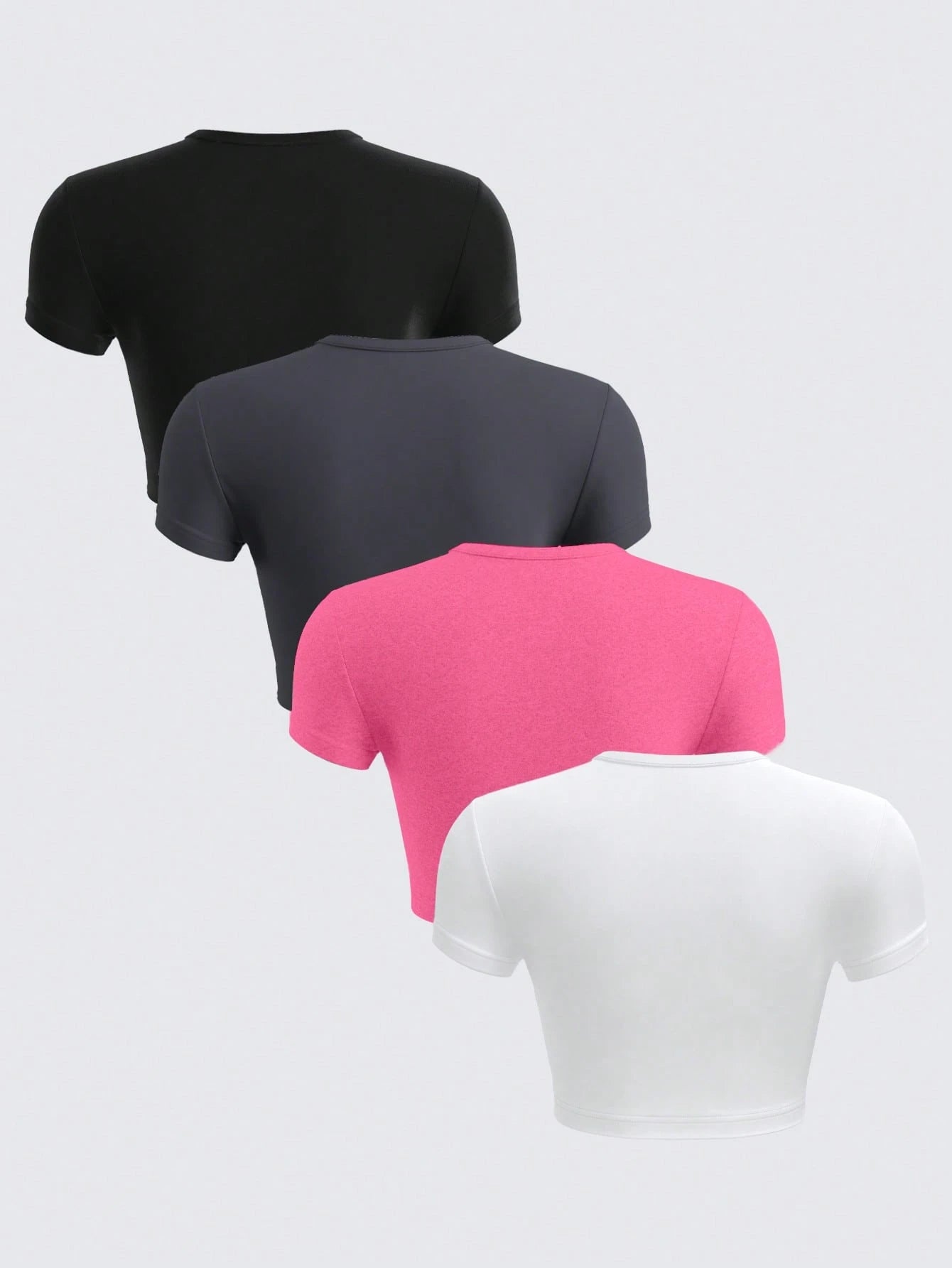 BASICS 4pcs/Set Women Casual Solid Color Knit Round Neck Short Sleeve Fitted Cropped T-Shirts Summer Tops