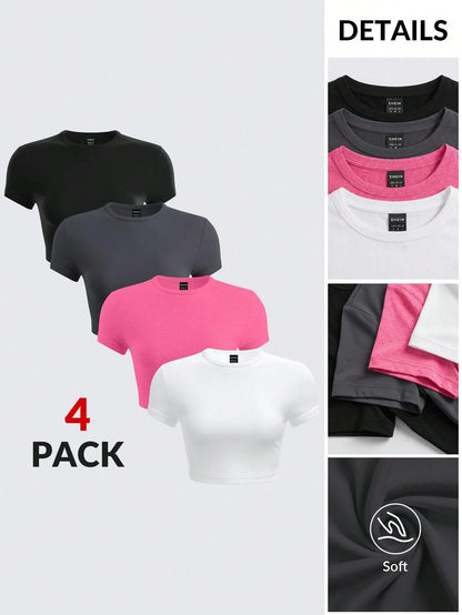 BASICS 4pcs/Set Women Casual Solid Color Knit Round Neck Short Sleeve Fitted Cropped T-Shirts Summer Tops