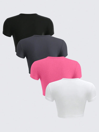 BASICS 4pcs/Set Women Casual Solid Color Knit Round Neck Short Sleeve Fitted Cropped T-Shirts Summer Tops