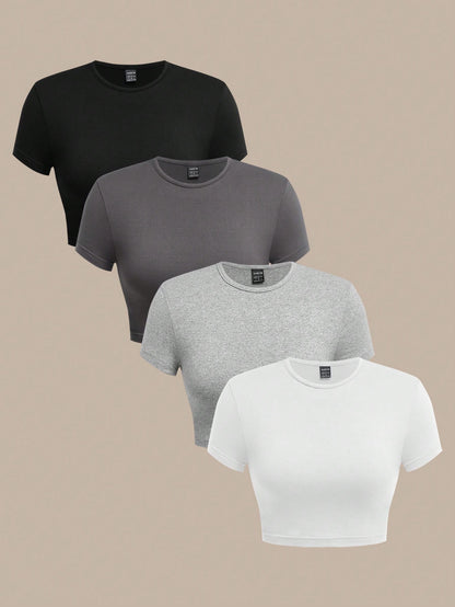 BASICS 4pcs/Set Women Casual Solid Color Knit Round Neck Short Sleeve Fitted Cropped T-Shirts Summer Tops
