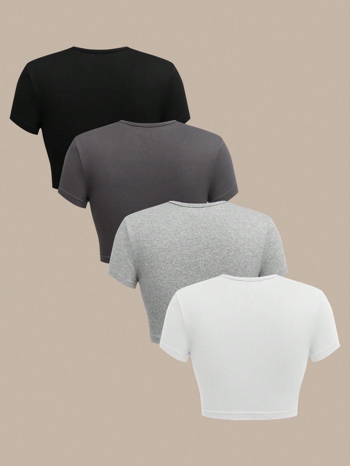 BASICS 4pcs/Set Women Casual Solid Color Knit Round Neck Short Sleeve Fitted Cropped T-Shirts Summer Tops