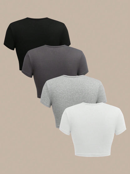 BASICS 4pcs/Set Women Casual Solid Color Knit Round Neck Short Sleeve Fitted Cropped T-Shirts Summer Tops