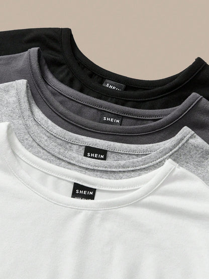 BASICS 4pcs/Set Women Casual Solid Color Knit Round Neck Short Sleeve Fitted Cropped T-Shirts Summer Tops