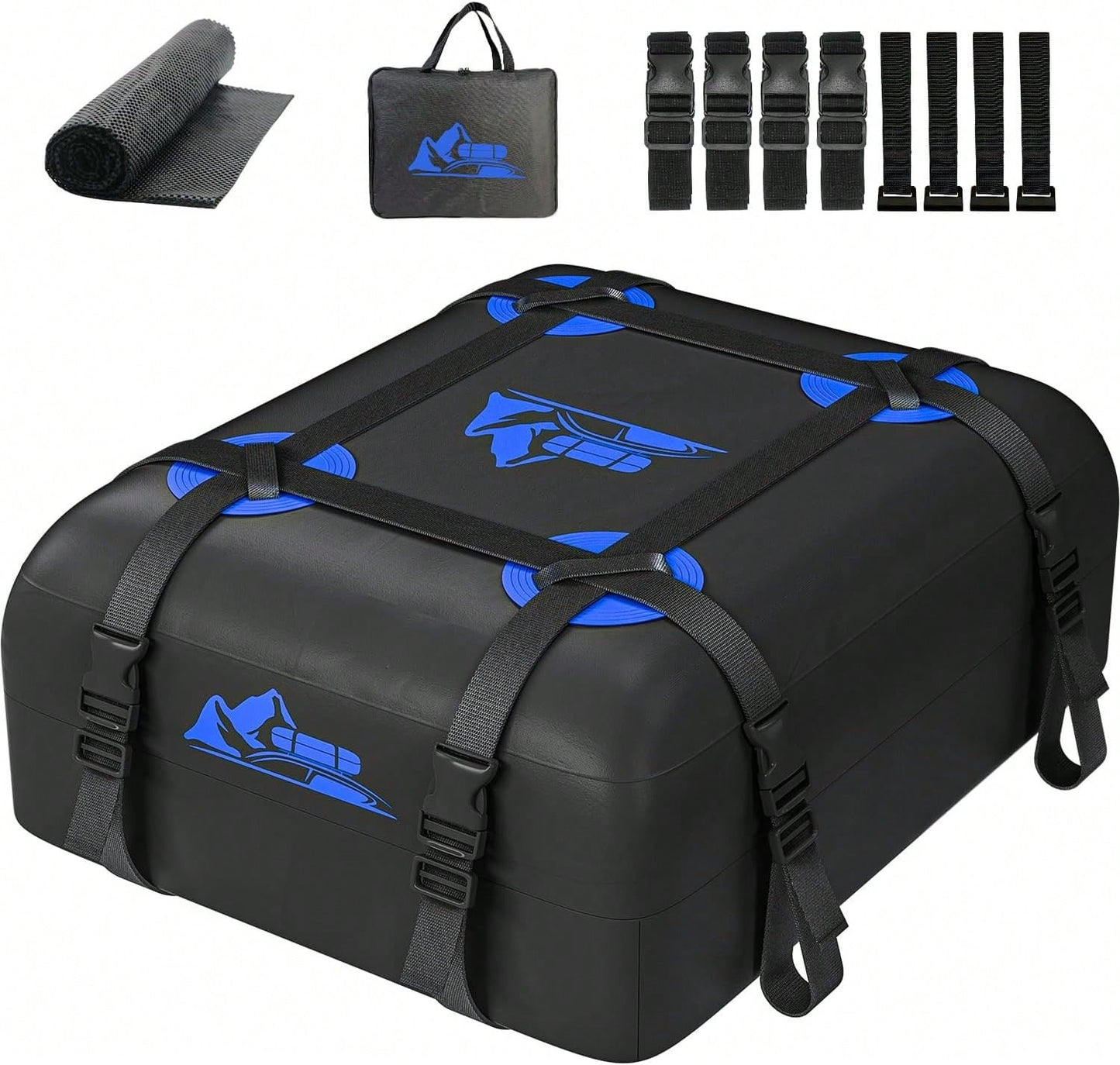 BATSUVCER Car Rooftop Cargo Carrier Bag 15 Cubic Feet, 100% Waterproof Heavy Duty Car Roof Bag For All Vehicle With/Without Racks- Anti-Slip Mat, 4 Door Hooks, Storage Bags, 4PCS 3.8CM Straps(Blue)