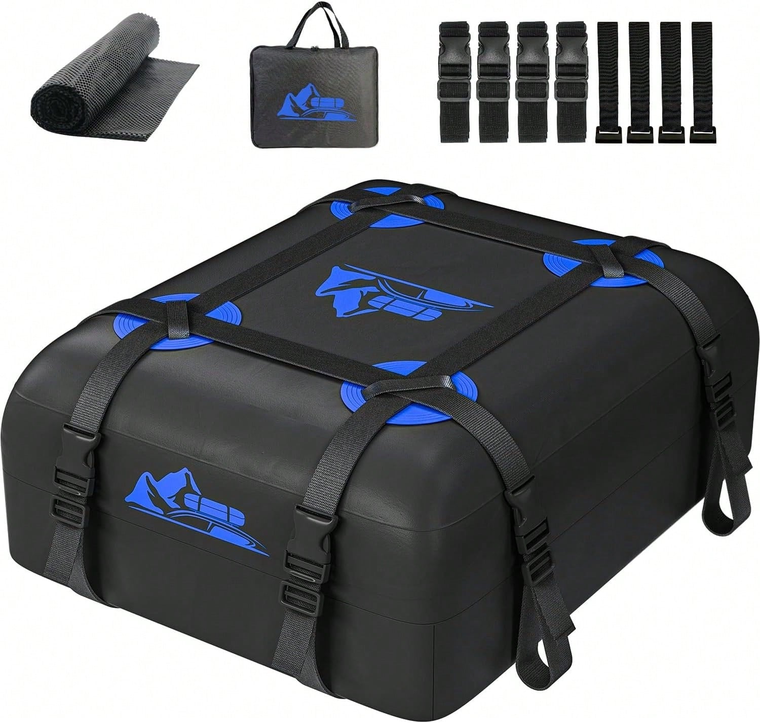 BATSUVCER Car Rooftop Cargo Carrier Bag 15 Cubic Feet, 100% Waterproof Heavy Duty Car Roof Bag For All Vehicle With/Without Racks- Anti-Slip Mat, 4 Door Hooks, Storage Bags, 4PCS 3.8CM Straps(Blue)