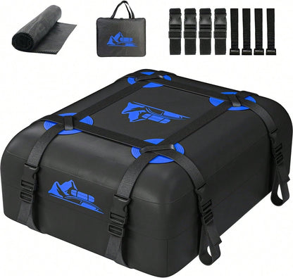 BATSUVCER Car Rooftop Cargo Carrier Bag 15 Cubic Feet, 100% Waterproof Heavy Duty Car Roof Bag For All Vehicle With/Without Racks- Anti-Slip Mat, 4 Door Hooks, Storage Bags, 4PCS 3.8CM Straps(Blue)