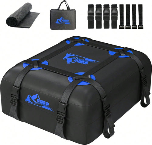 BATSUVCER Car Rooftop Cargo Carrier Bag 15 Cubic Feet, 100% Waterproof Heavy Duty Car Roof Bag For All Vehicle With/Without Racks- Anti-Slip Mat, 4 Door Hooks, Storage Bags, 4PCS 3.8CM Straps(Blue)