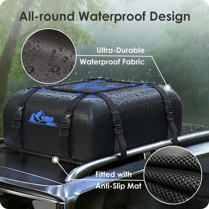 BATSUVCER Car Rooftop Cargo Carrier Bag 15 Cubic Feet, 100% Waterproof Heavy Duty Car Roof Bag For All Vehicle With/Without Racks- Anti-Slip Mat, 4 Door Hooks, Storage Bags, 4PCS 3.8CM Straps(Blue)