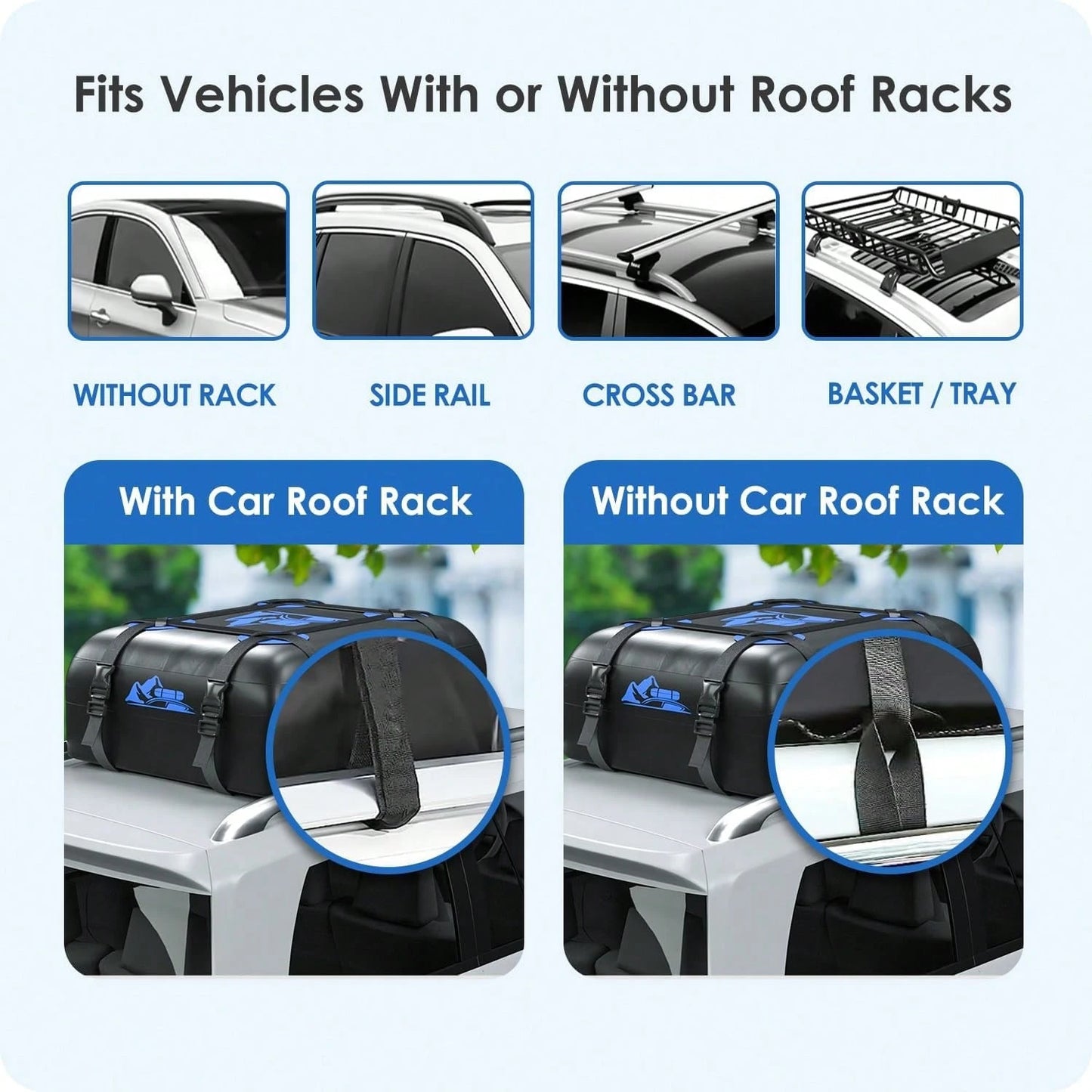 BATSUVCER Car Rooftop Cargo Carrier Bag 15 Cubic Feet, 100% Waterproof Heavy Duty Car Roof Bag For All Vehicle With/Without Racks- Anti-Slip Mat, 4 Door Hooks, Storage Bags, 4PCS 3.8CM Straps(Blue)