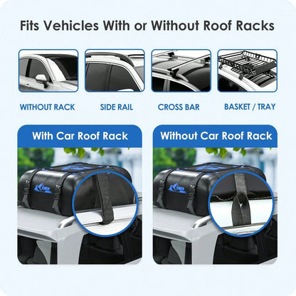 BATSUVCER Car Rooftop Cargo Carrier Bag 15 Cubic Feet, 100% Waterproof Heavy Duty Car Roof Bag For All Vehicle With/Without Racks- Anti-Slip Mat, 4 Door Hooks, Storage Bags, 4PCS 3.8CM Straps(Blue)