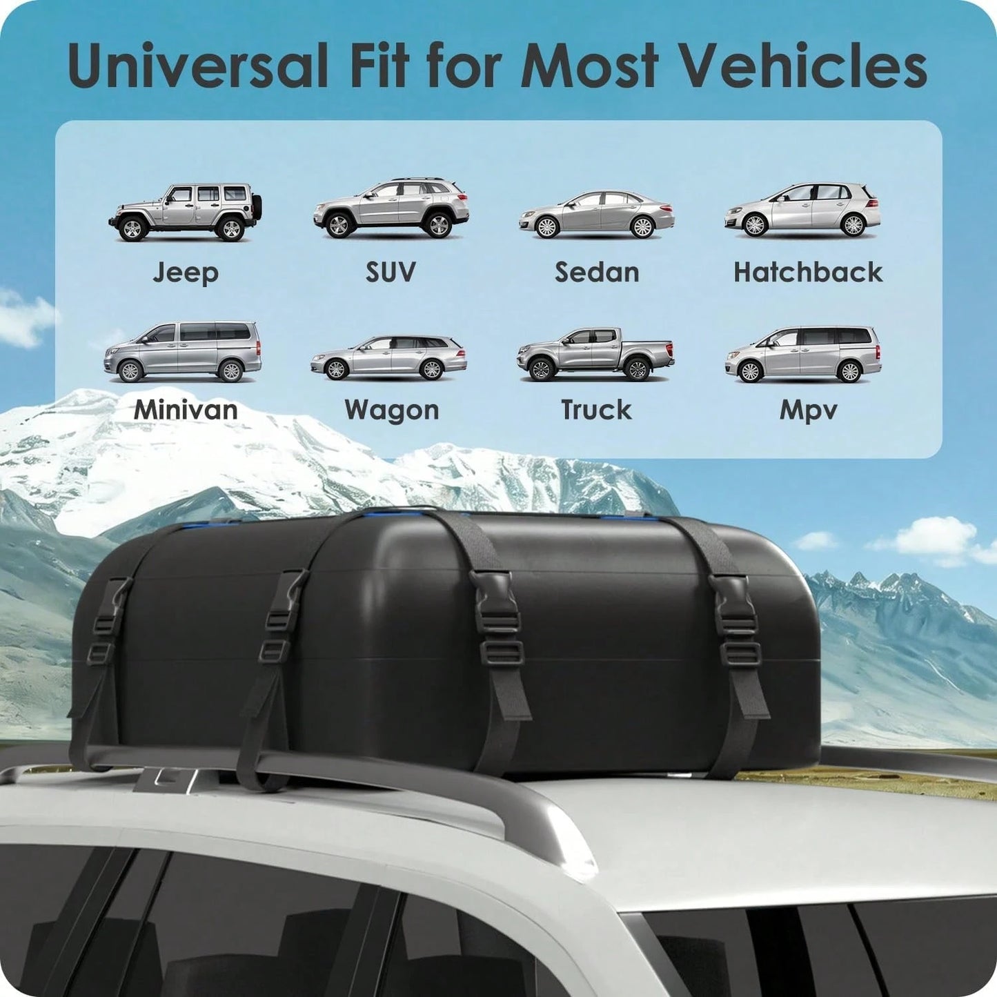 BATSUVCER Car Rooftop Cargo Carrier Bag 15 Cubic Feet, 100% Waterproof Heavy Duty Car Roof Bag For All Vehicle With/Without Racks- Anti-Slip Mat, 4 Door Hooks, Storage Bags, 4PCS 3.8CM Straps(Blue)