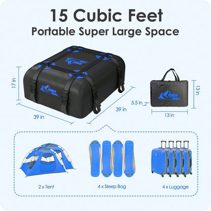BATSUVCER Car Rooftop Cargo Carrier Bag 15 Cubic Feet, 100% Waterproof Heavy Duty Car Roof Bag For All Vehicle With/Without Racks- Anti-Slip Mat, 4 Door Hooks, Storage Bags, 4PCS 3.8CM Straps(Blue)