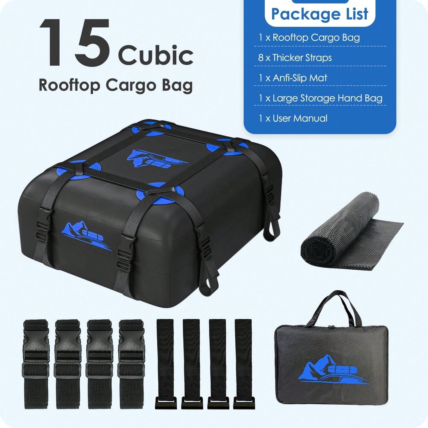 BATSUVCER Car Rooftop Cargo Carrier Bag 15 Cubic Feet, 100% Waterproof Heavy Duty Car Roof Bag For All Vehicle With/Without Racks- Anti-Slip Mat, 4 Door Hooks, Storage Bags, 4PCS 3.8CM Straps(Blue)