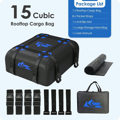 BATSUVCER Car Rooftop Cargo Carrier Bag 15 Cubic Feet, 100% Waterproof Heavy Duty Car Roof Bag For All Vehicle With/Without Racks- Anti-Slip Mat, 4 Door Hooks, Storage Bags, 4PCS 3.8CM Straps(Blue)