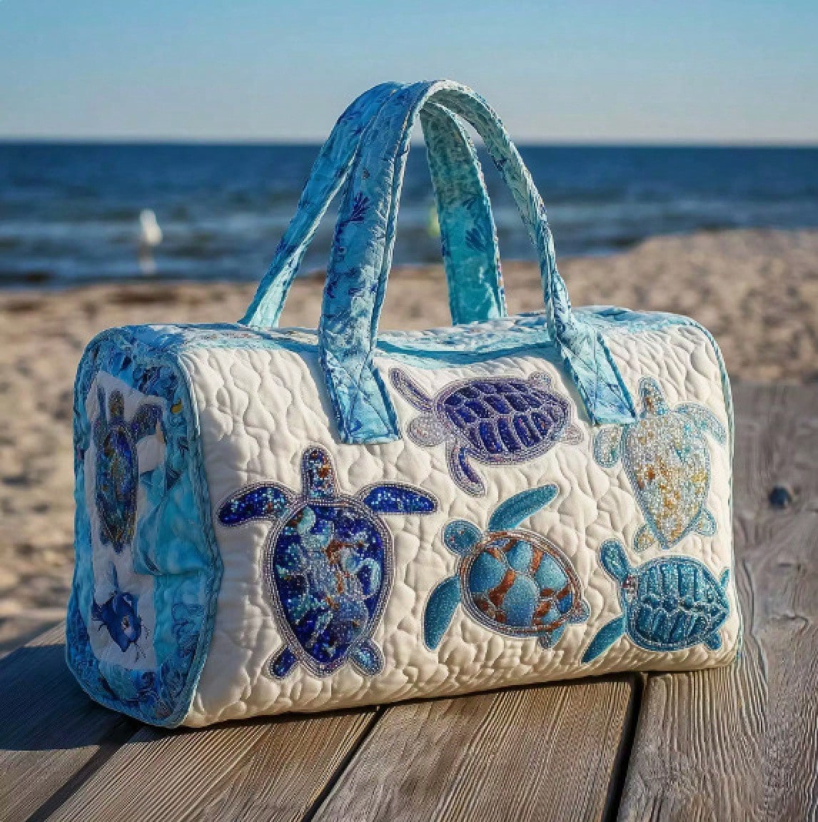 Beach Ocean 3D Printed Quilted Duffle Bag, Large Capacity Travel Weekender Handbag With Turtle, Shell & Palm Tree Patterns, Durable Lightweight For Summer Vacation Gym