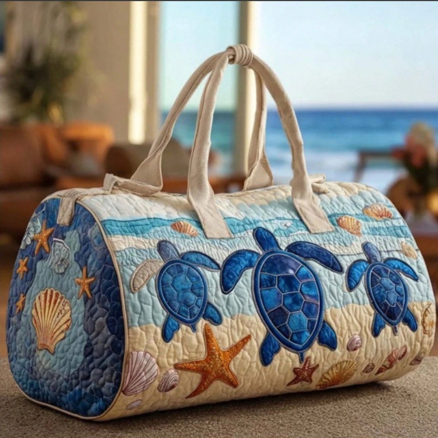 Beach Ocean 3D Printed Quilted Duffle Bag, Large Capacity Travel Weekender Handbag With Turtle, Shell & Palm Tree Patterns, Durable Lightweight For Summer Vacation Gym