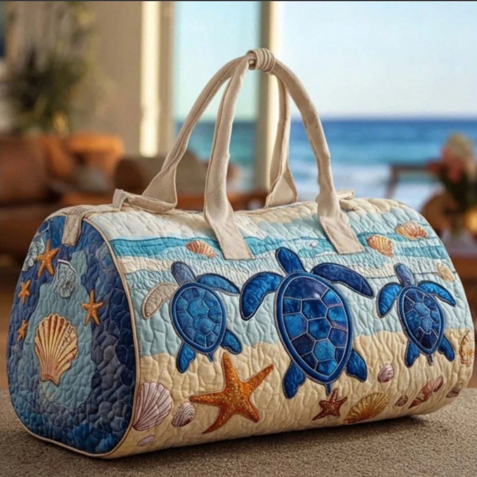 Beach Ocean 3D Printed Quilted Duffle Bag, Large Capacity Travel Weekender Handbag With Turtle, Shell & Palm Tree Patterns, Durable Lightweight For Summer Vacation Gym